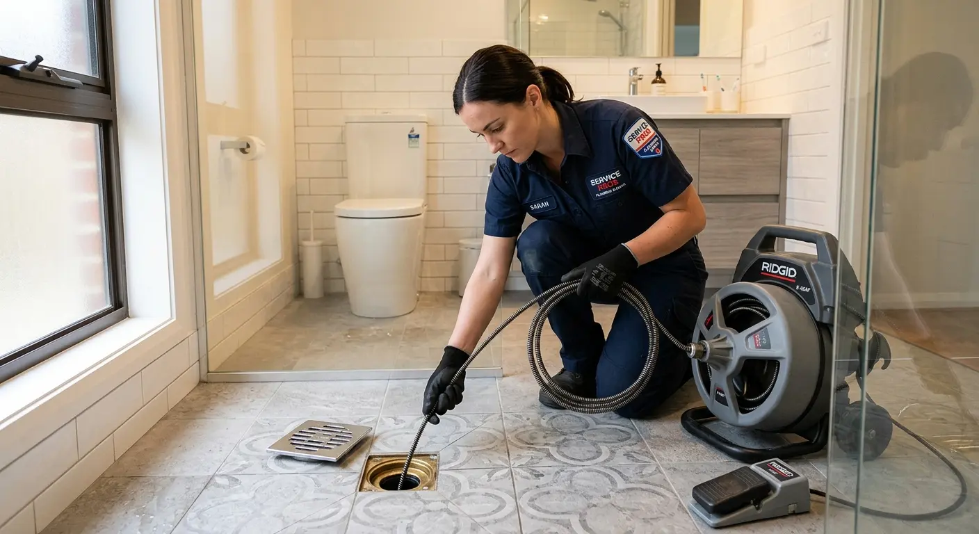 Technician clearing a bathroom floor drain for Sewer Line Replacement in Lakeville